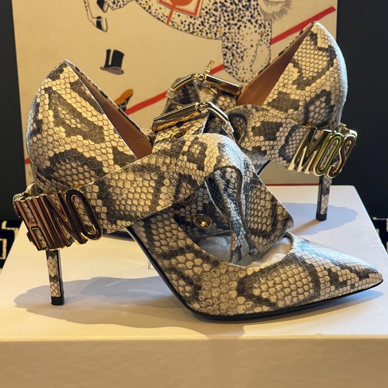 Image of the Moschino Metal Letters Leather Snake Heels Size 6 piece