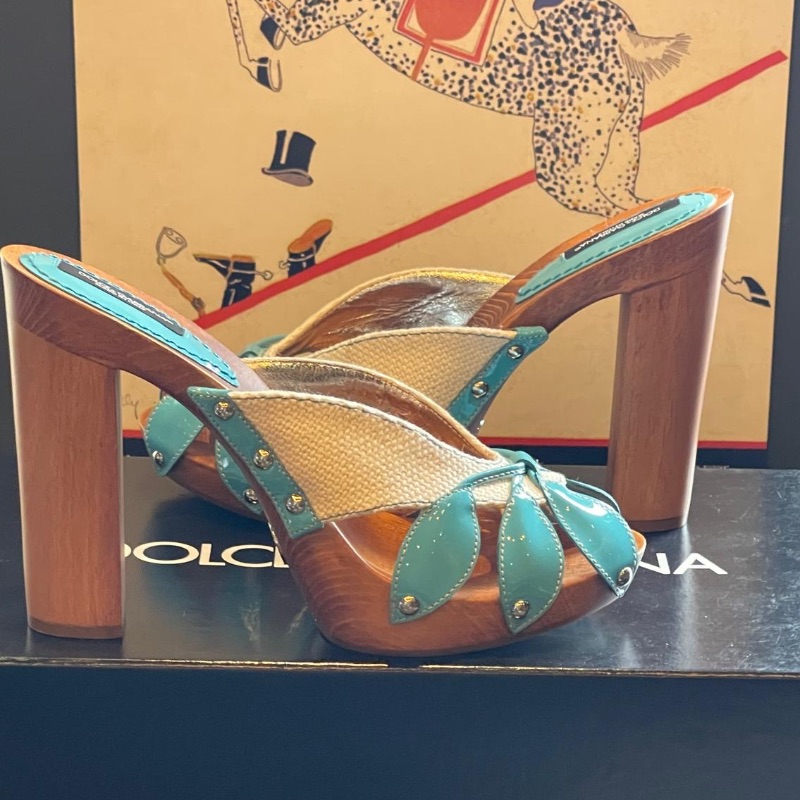 Image of the Dolce & Gabbana Vernice Turquoise Leather Mules 5.5 piece